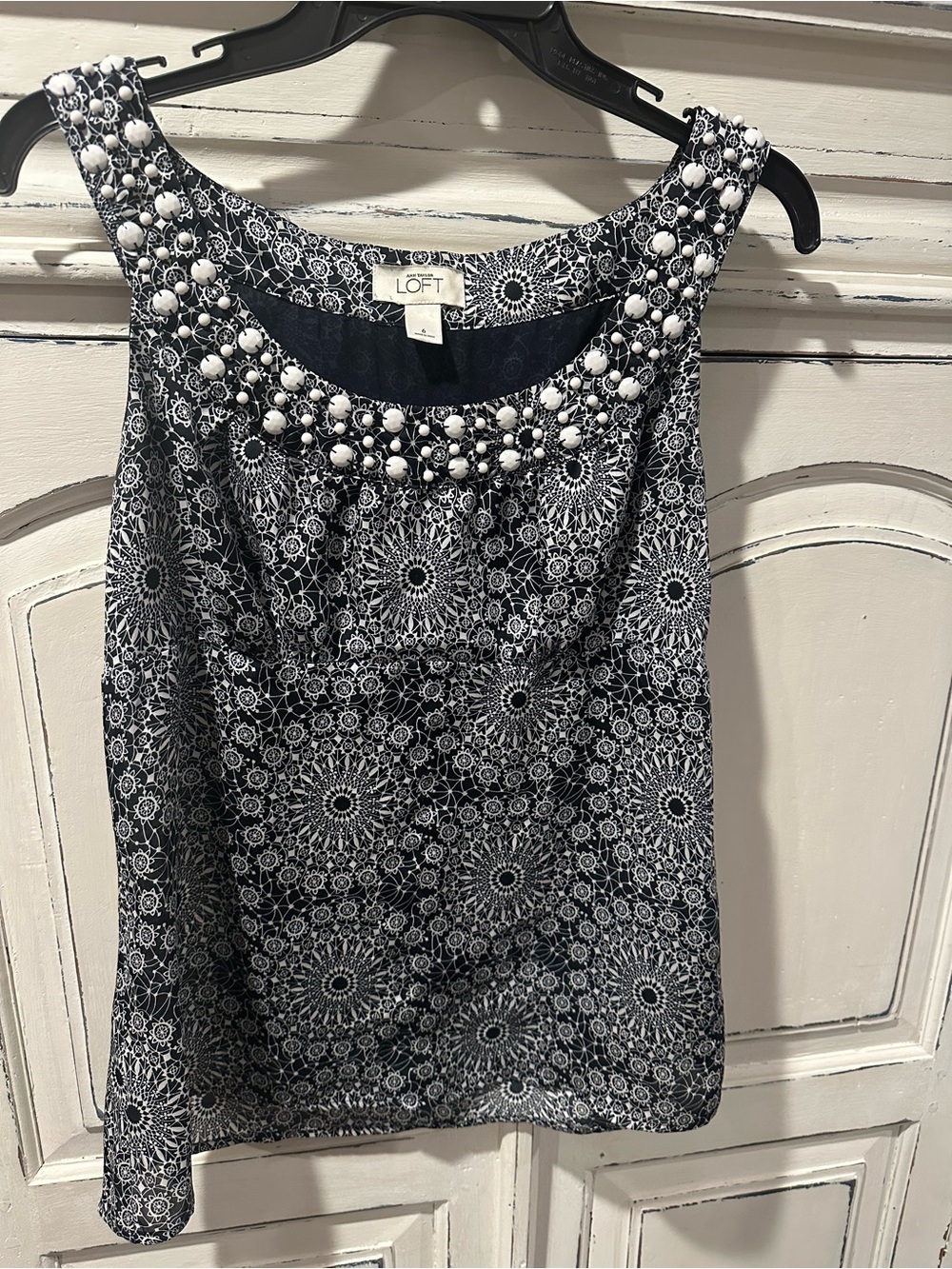 LOFT Blue & White Beaded Neckline Sleeveless Top